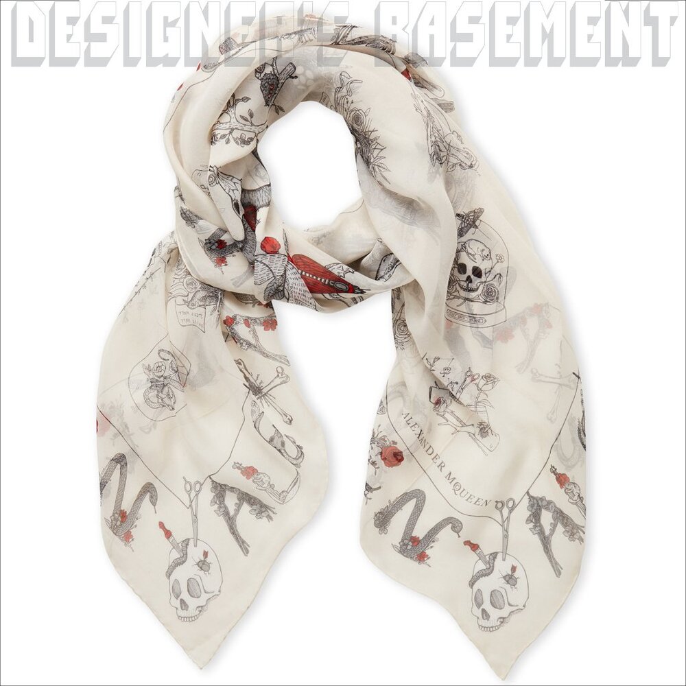 ALEXANDER MCQUEEN white letters SKULL CABINETS silk chiffon 52" sqr scarf shawl - Picture 4 of 7